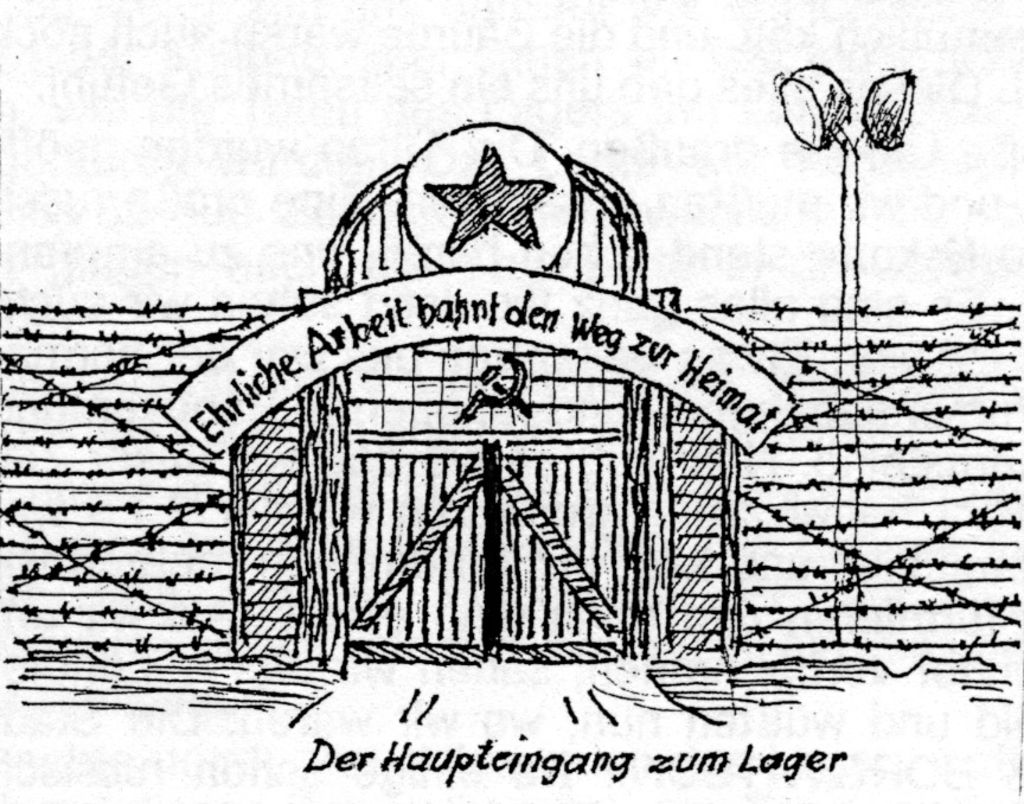 Zeichnung von Kurt Elfering: Eingang zum Kriegsgefangenenlager Borowitschi