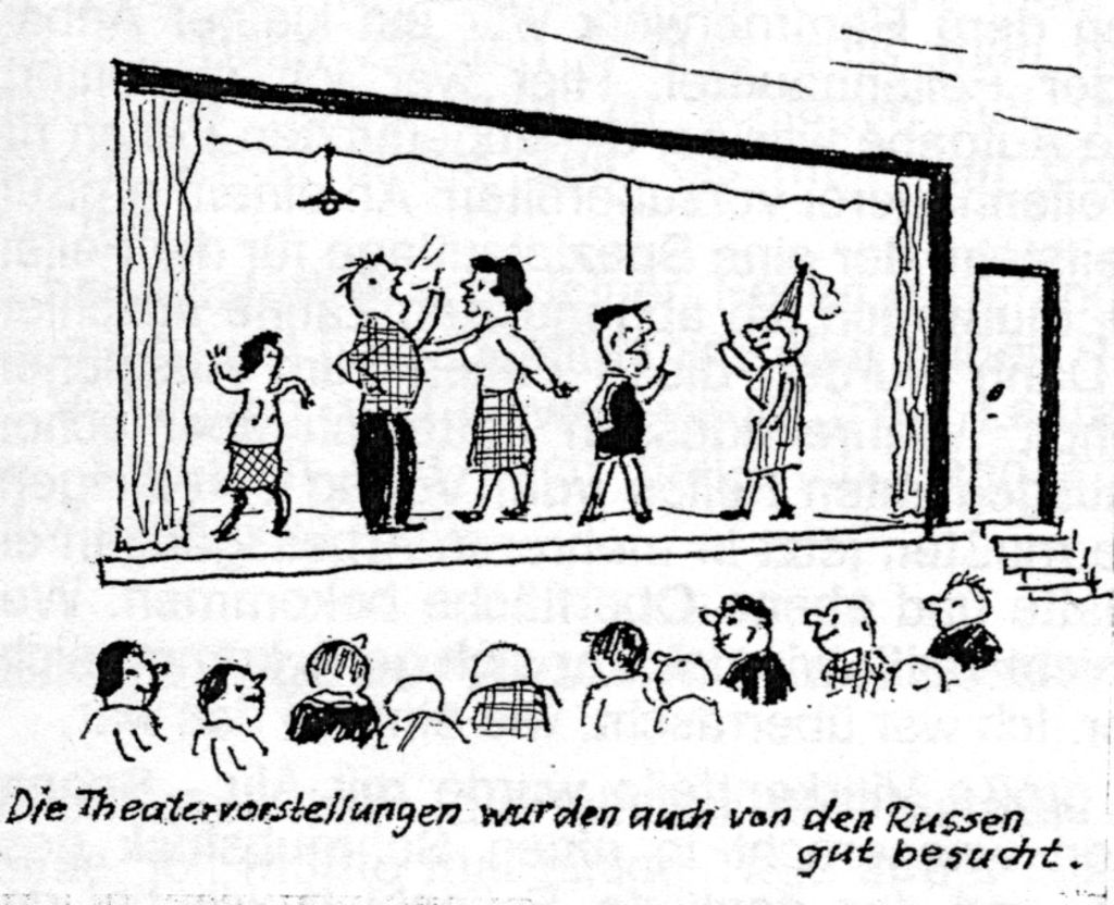 Zeichnung von Kurt Elfering: Theateraufführung im Kriegsgefangenenlager Borowitschi