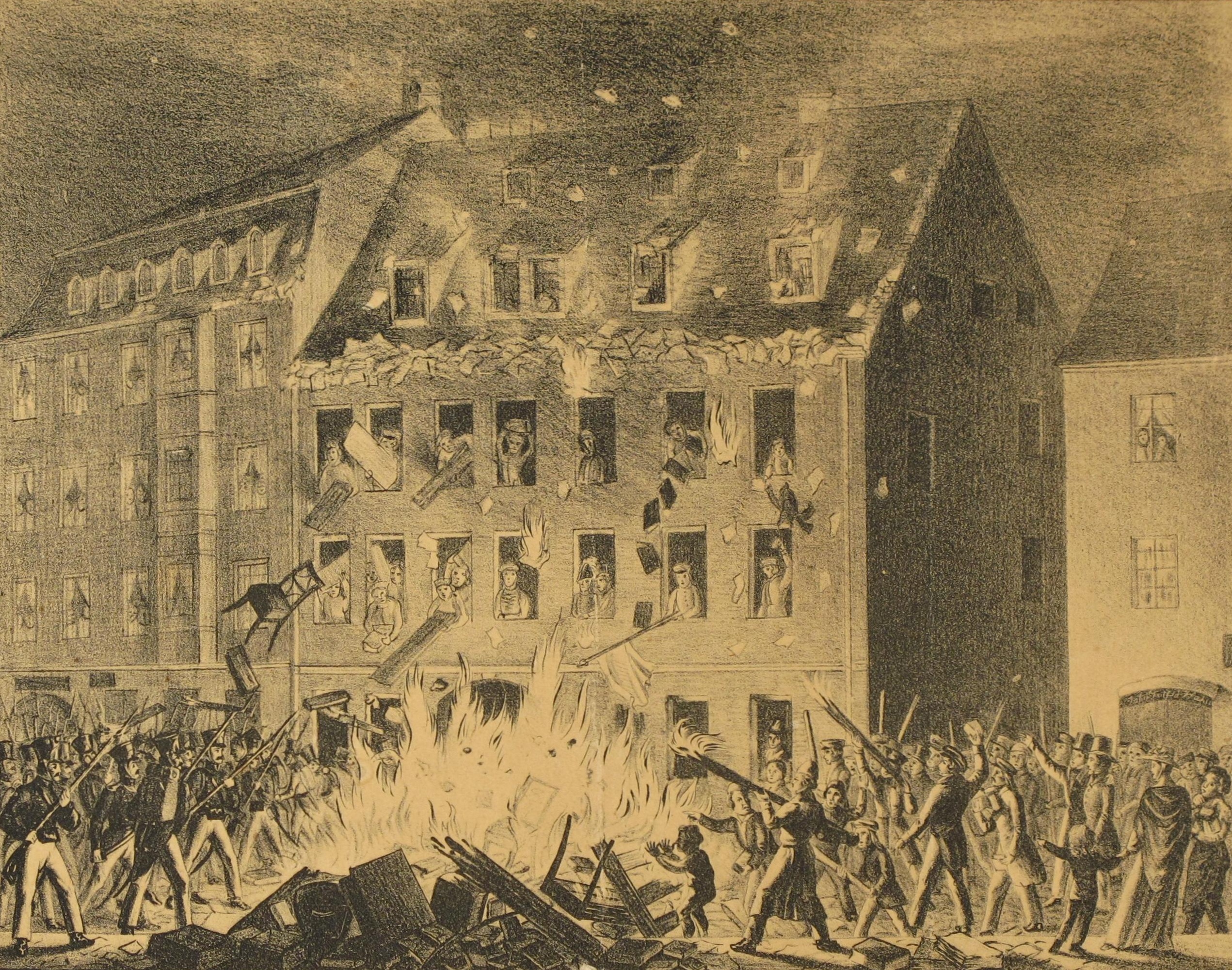 Grafik: Polizeihaus in Flammen, 1830