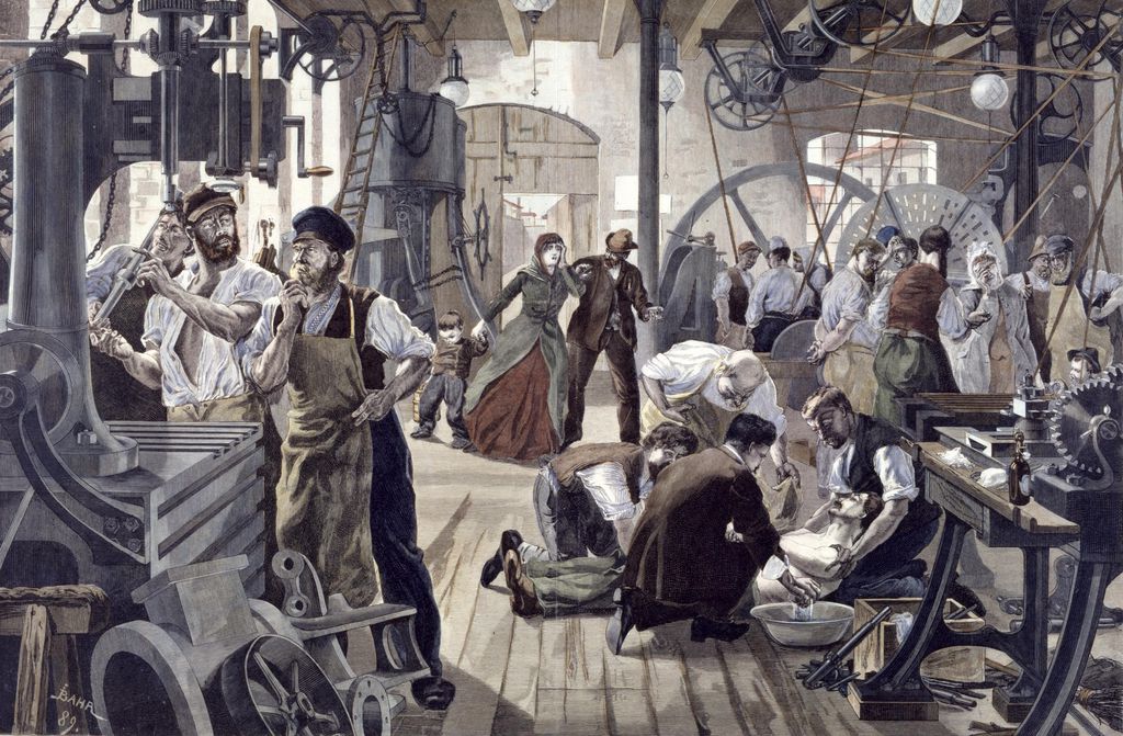 [Grafik: "Unfall in einer Maschinenfabrik", 1889]