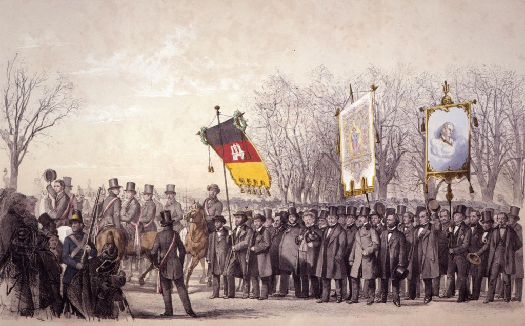 Exponat: Graphik: Schiller-Festzug in Hamburg - Eingang zum Festplatz, 1859