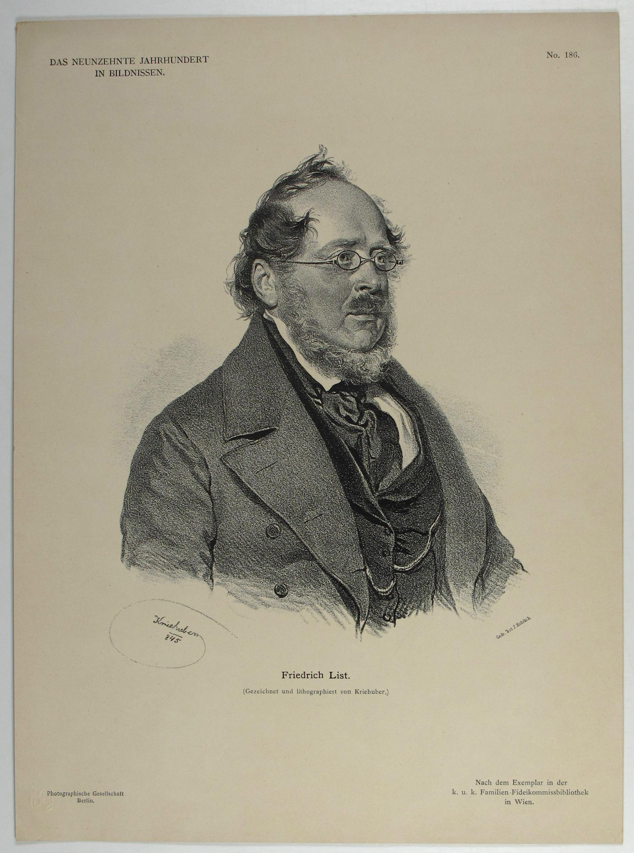 Grafik: Porträt des Friedrich List. Wirtschaftstheoretiker des 19. Jahrhunderts sowie Unternehmer, Diplomat und Eisenbahn-Pionier