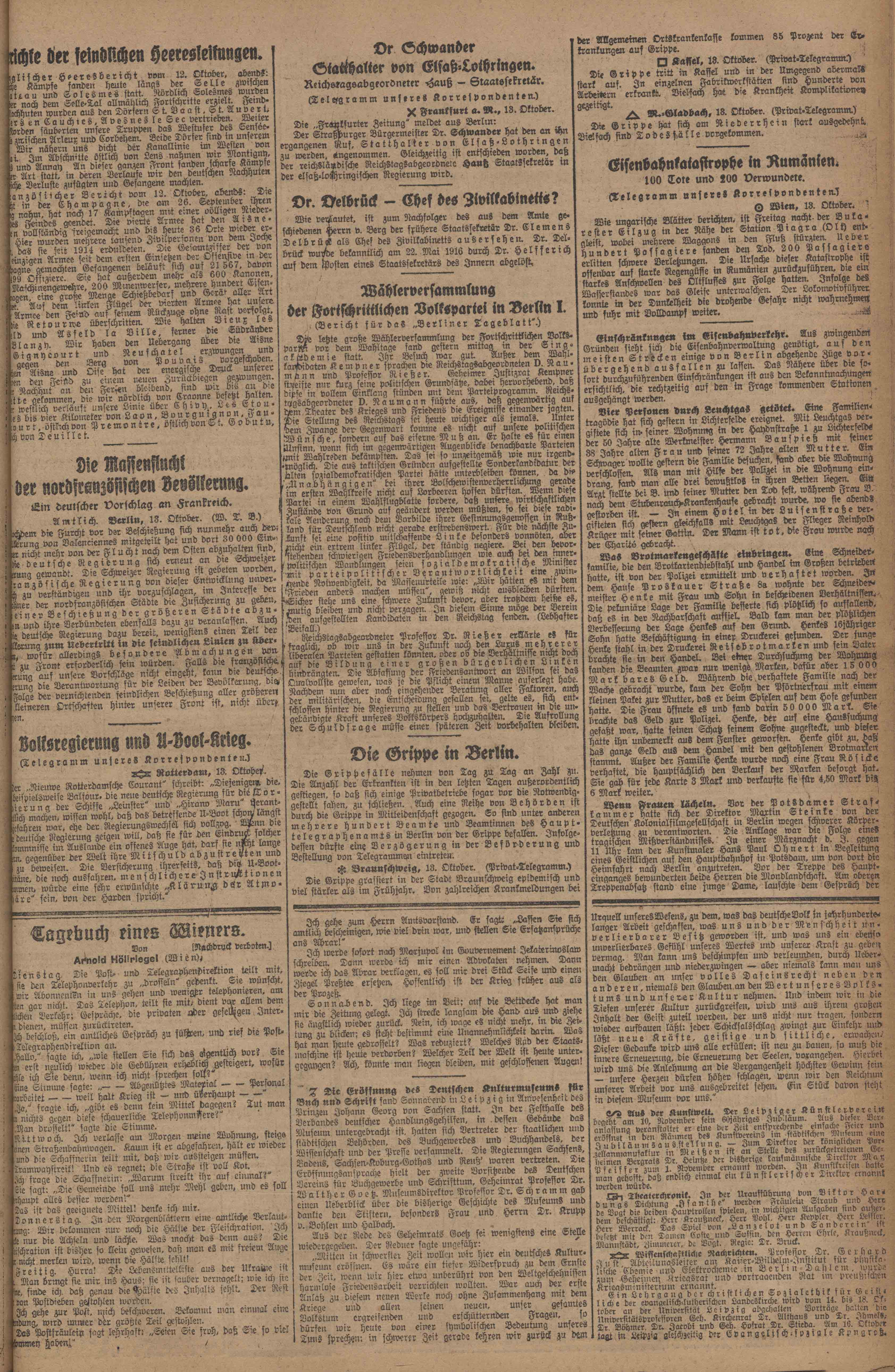 Druckgut: Die "Grippe in Berlin – Die Grippefälle nehmen von Tag zu Tag an Zahl zu“: Berliner Tageblatt und Handels-Zeitung, Montag, 14. Oktober 1918