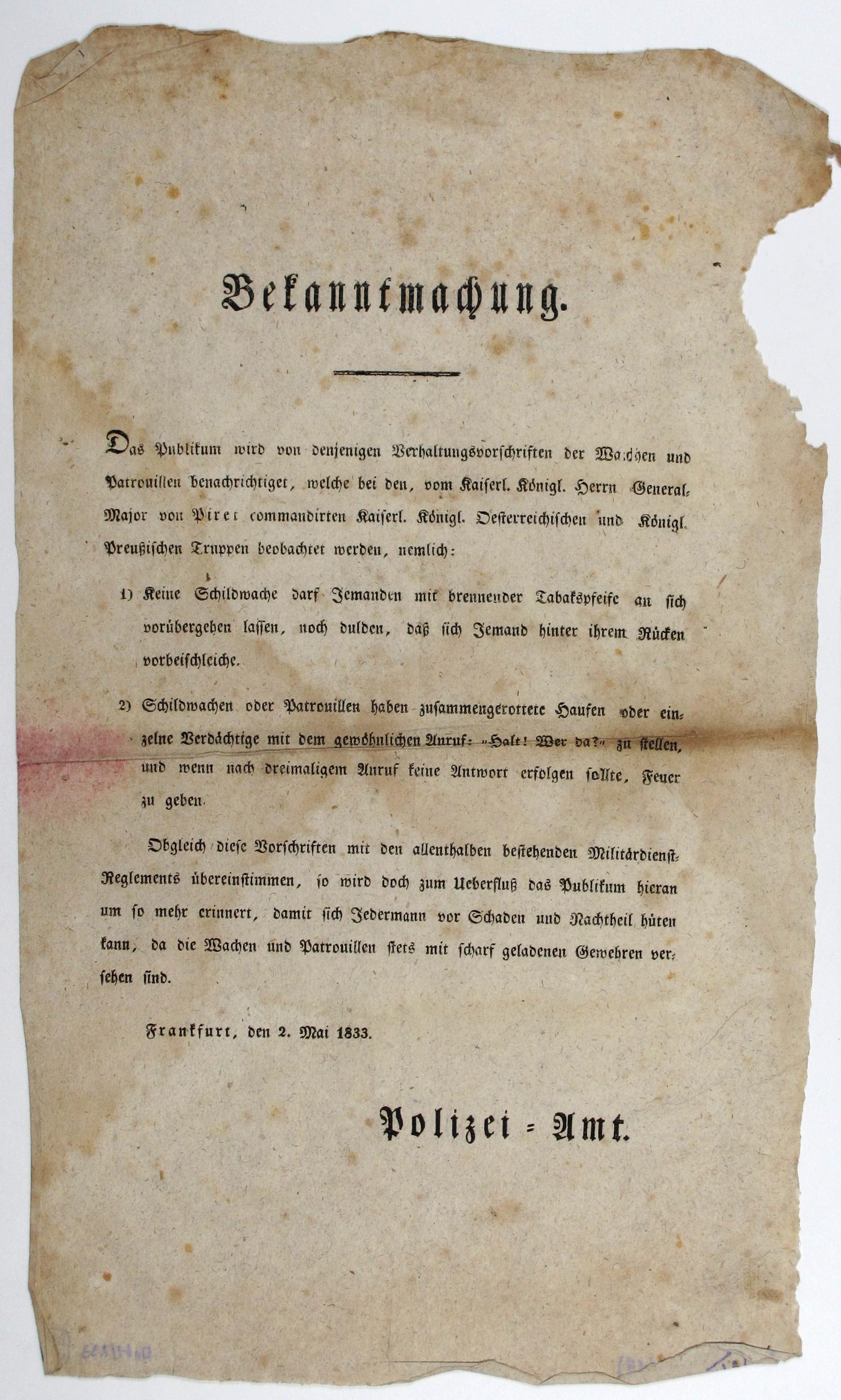 Dokumente: Bekanntmachung des Polizeiamtes Frankfurt, 1833