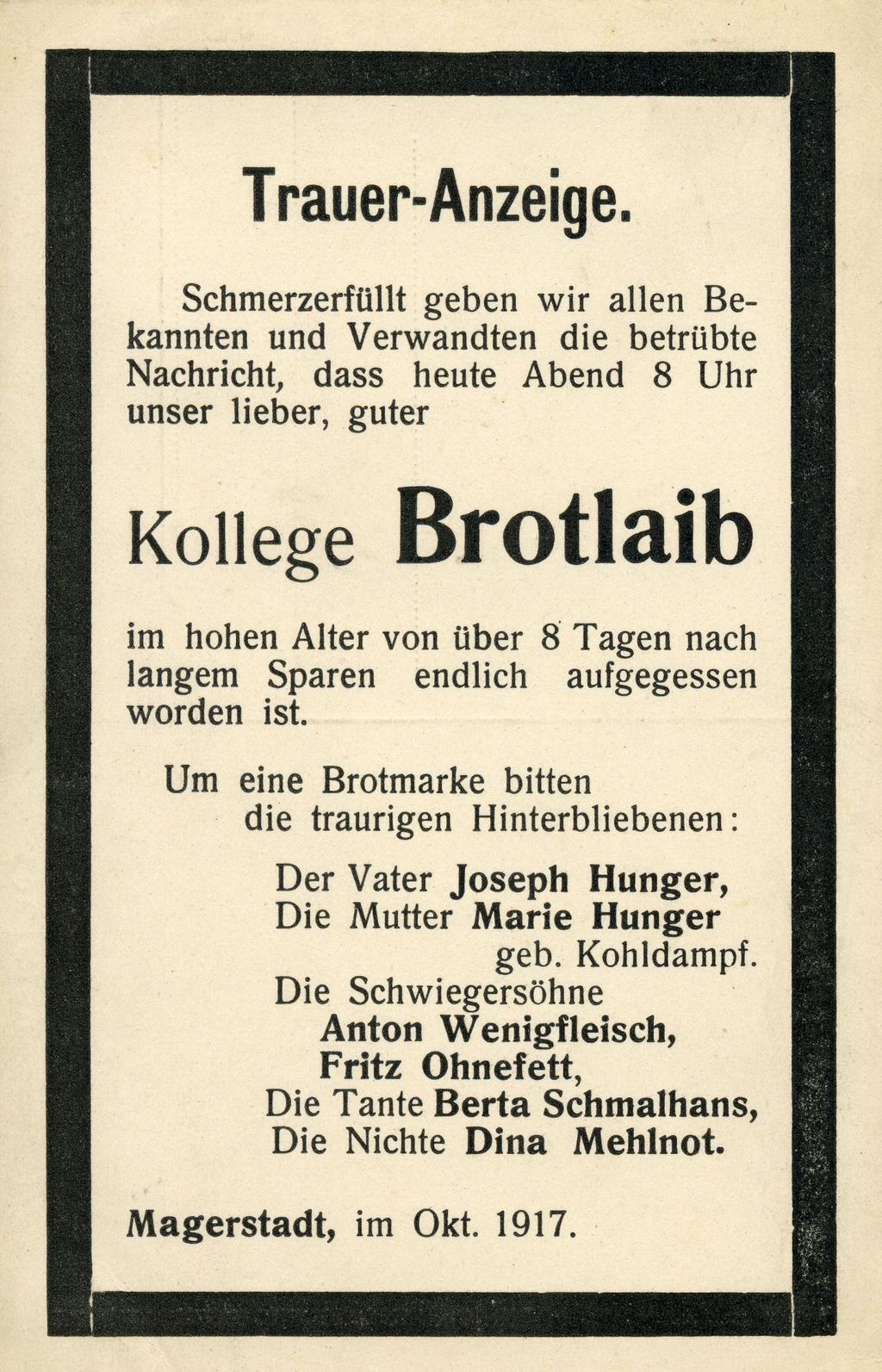 [Postkarte zur Lebensmittelversorgung im Ersten Weltkrieg, 1917]