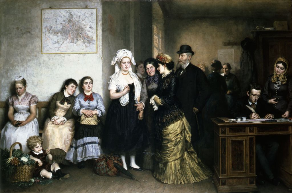 Exponat: Gemälde: Paulsen, Fritz "Bei der Stellenvermittlung (Gesinde-Vermiethungsbureau)", 1881