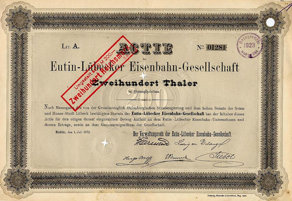 Aktie der Eutin-Lübecker-Eisenbahn-Gesellschaft, 1872