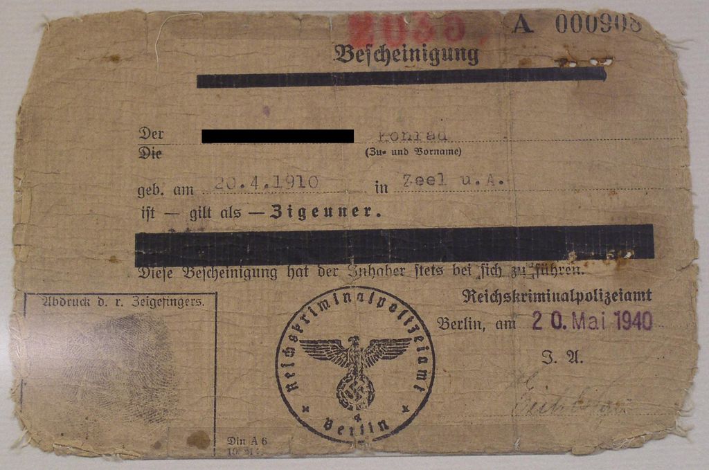 Ausweis: Bescheinigung für "Zigeuner", 1940