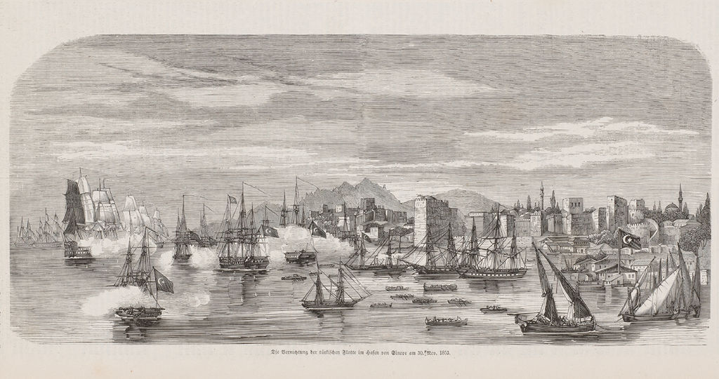 Grafik: Vernichtung der türkischen Flotte im Hafen von Sinope, 1853