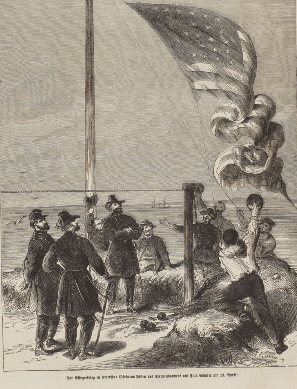 Grafik zum Ende des Bürgerkriegs in den Vereinigten Staaten - Hissen des Sternenbanners, 1865