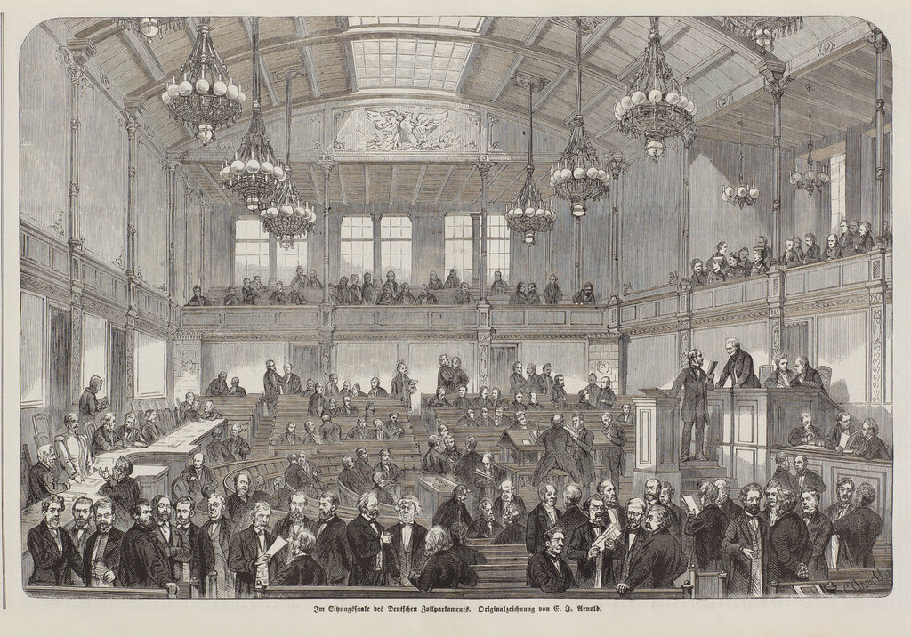 Illustrirte Zeitung mit Zeichnung vom Sitzungssaal des Deutschen Zollparlaments, 1868