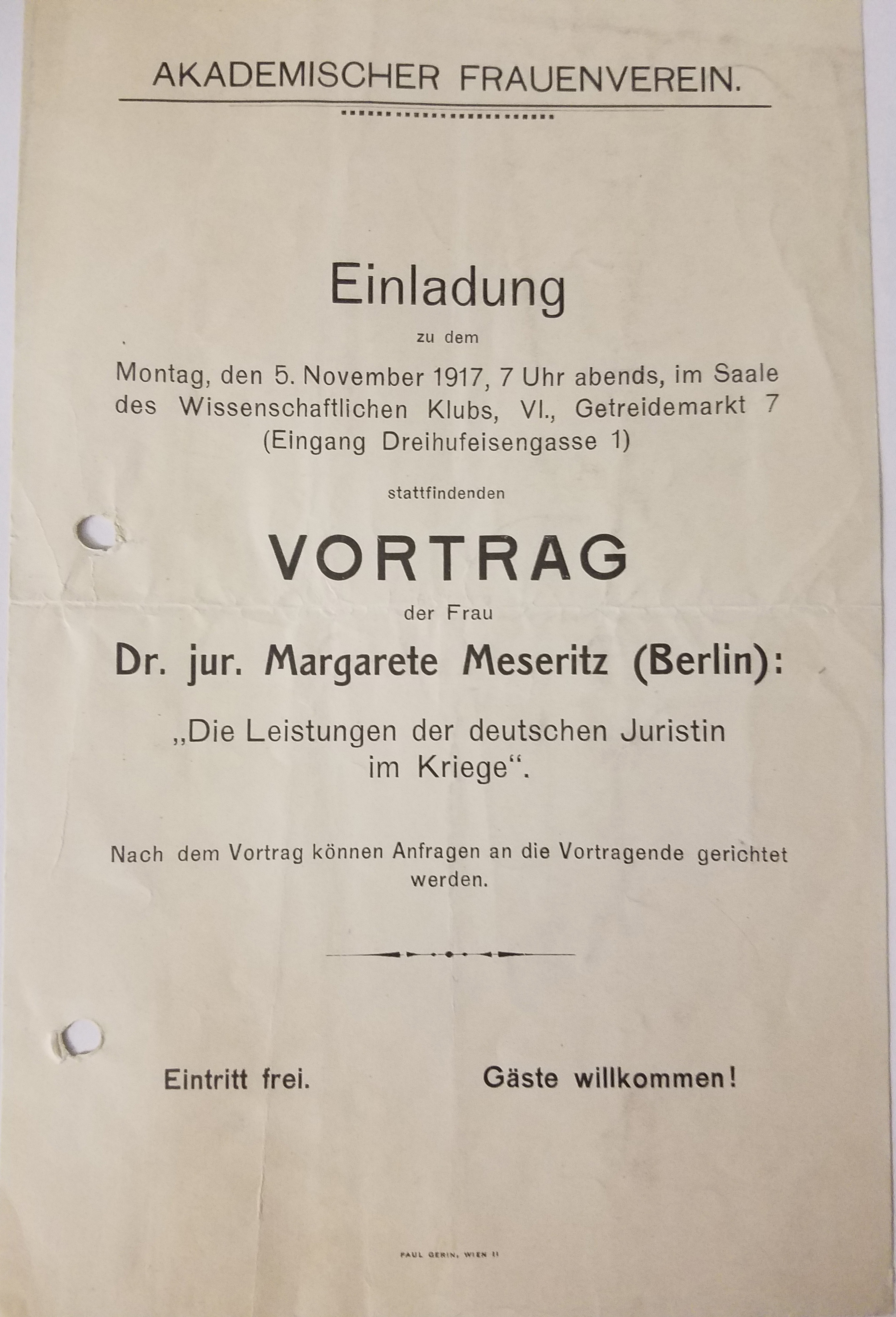 [Druckgut: Ankündigung eines Vortrags von Margarete Meseritz, 1917]