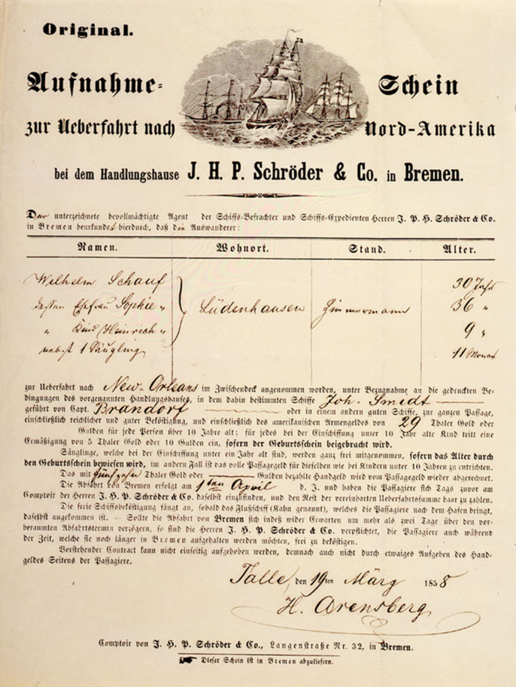 Dokument: Auswanderungsschein, 1858