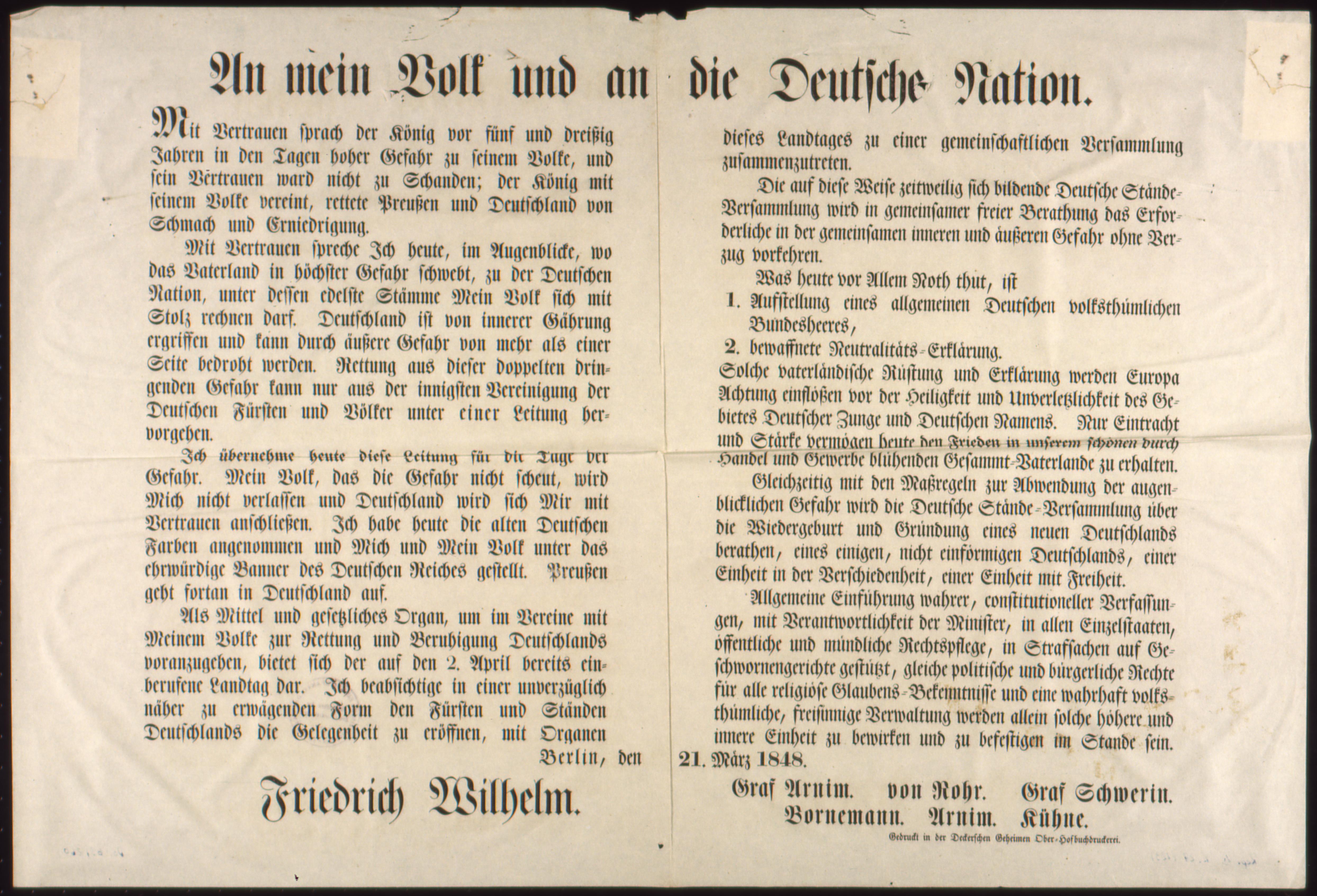 Proklamation: "An mein Volk und an die deutsche Nation" 21.3.1848