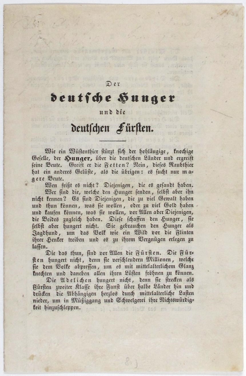 Anonyme Flugschrift gegen die in Deutschland herrschende Hungersnot 1847/1848