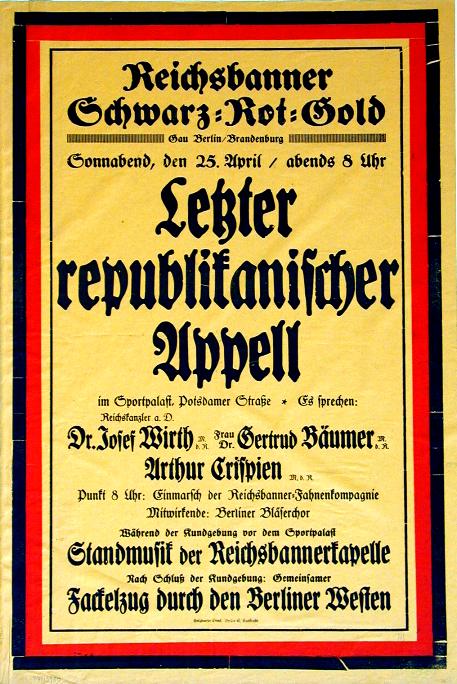 Plakat: Reichsbanner "Letzter republikanischer Appell", 1925