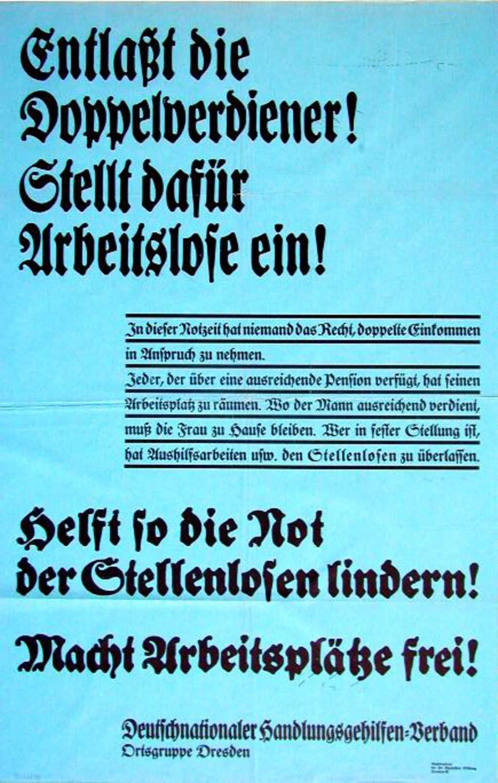 Exponat: Plakat: Aufruf zur Verminderung der Arbeitslosigkeit, 1930