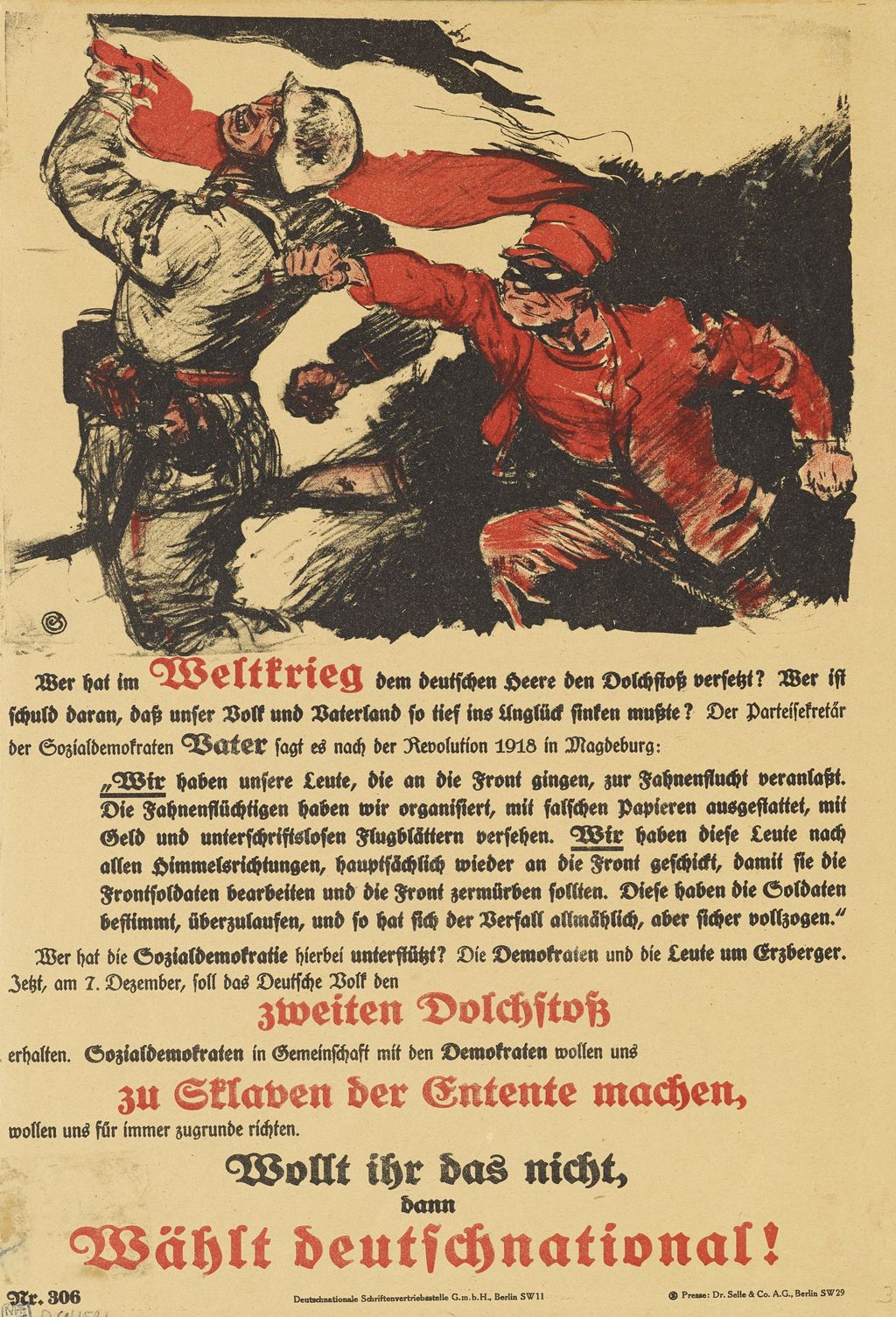 Plakat: Wahlplakat der DNVP mit Dolchstoß, 1924