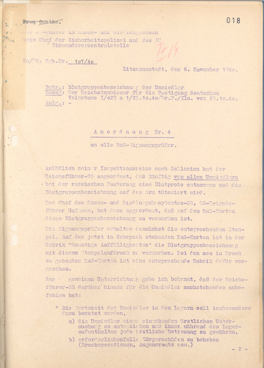 Exponat: Anordnung zur Blutgruppenbezeichnung der Umsiedler, 1940