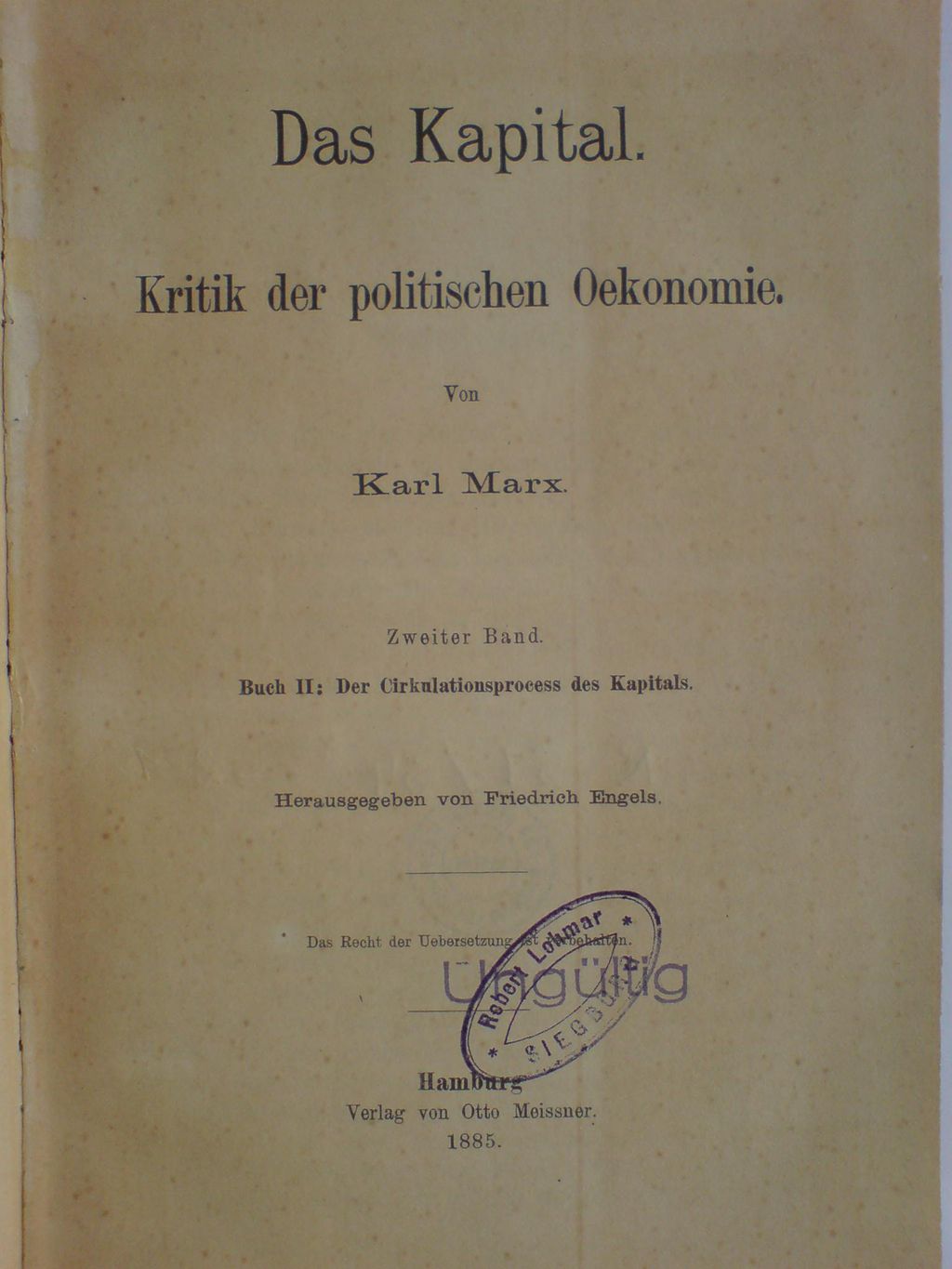 Buch: Marx, Karl, "Das Kapital" Band 2, 1885