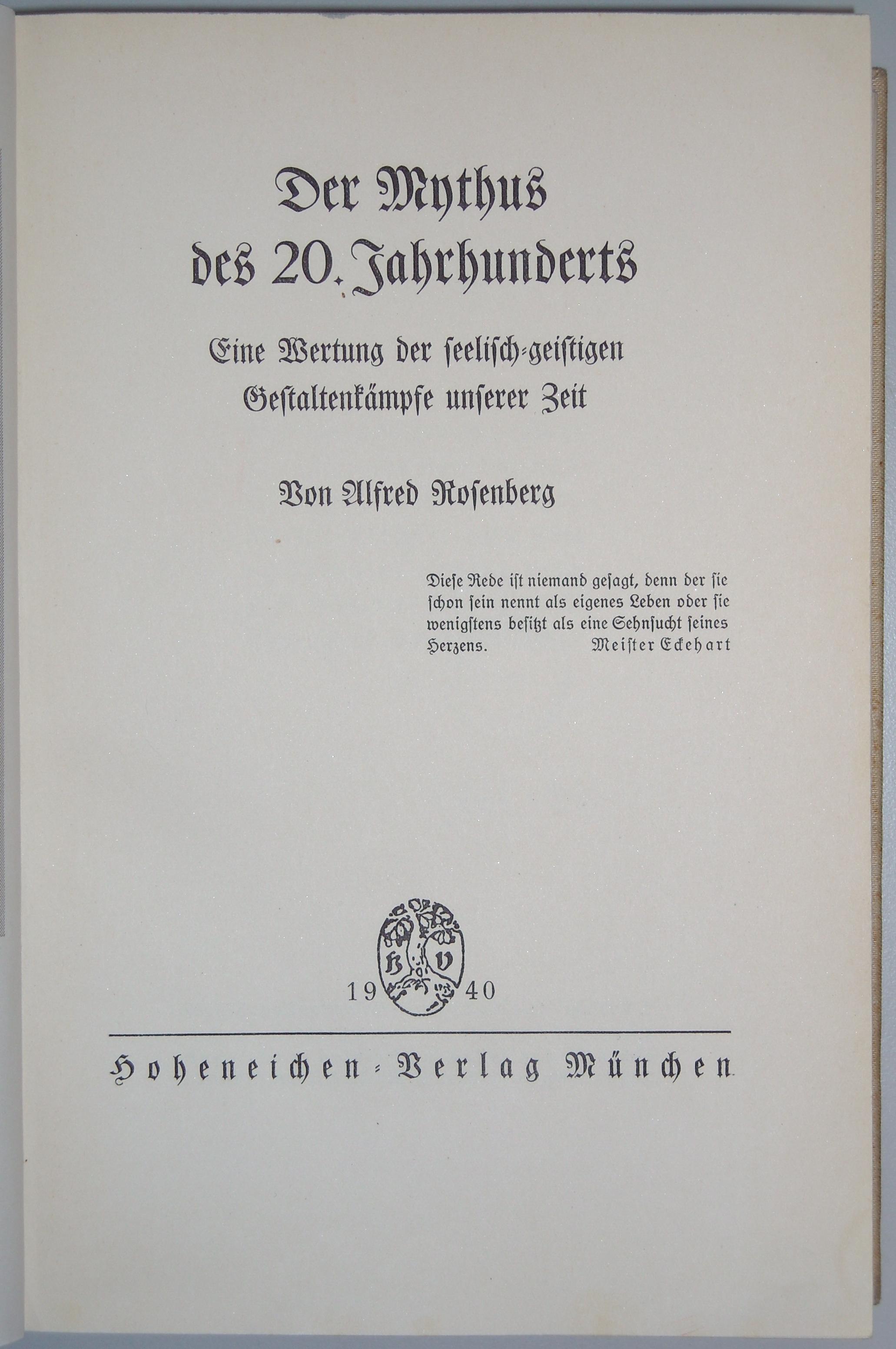Exponat: Buch: Rosenberg, Alfred "Der Mythus des 20. Jahrhunderts", 1933