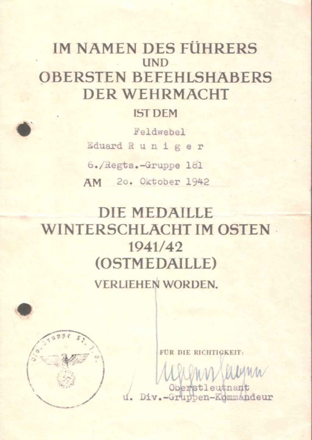 Exponat: Dokument: Urkunde zur Medaille Winterschlacht im Osten, 1942