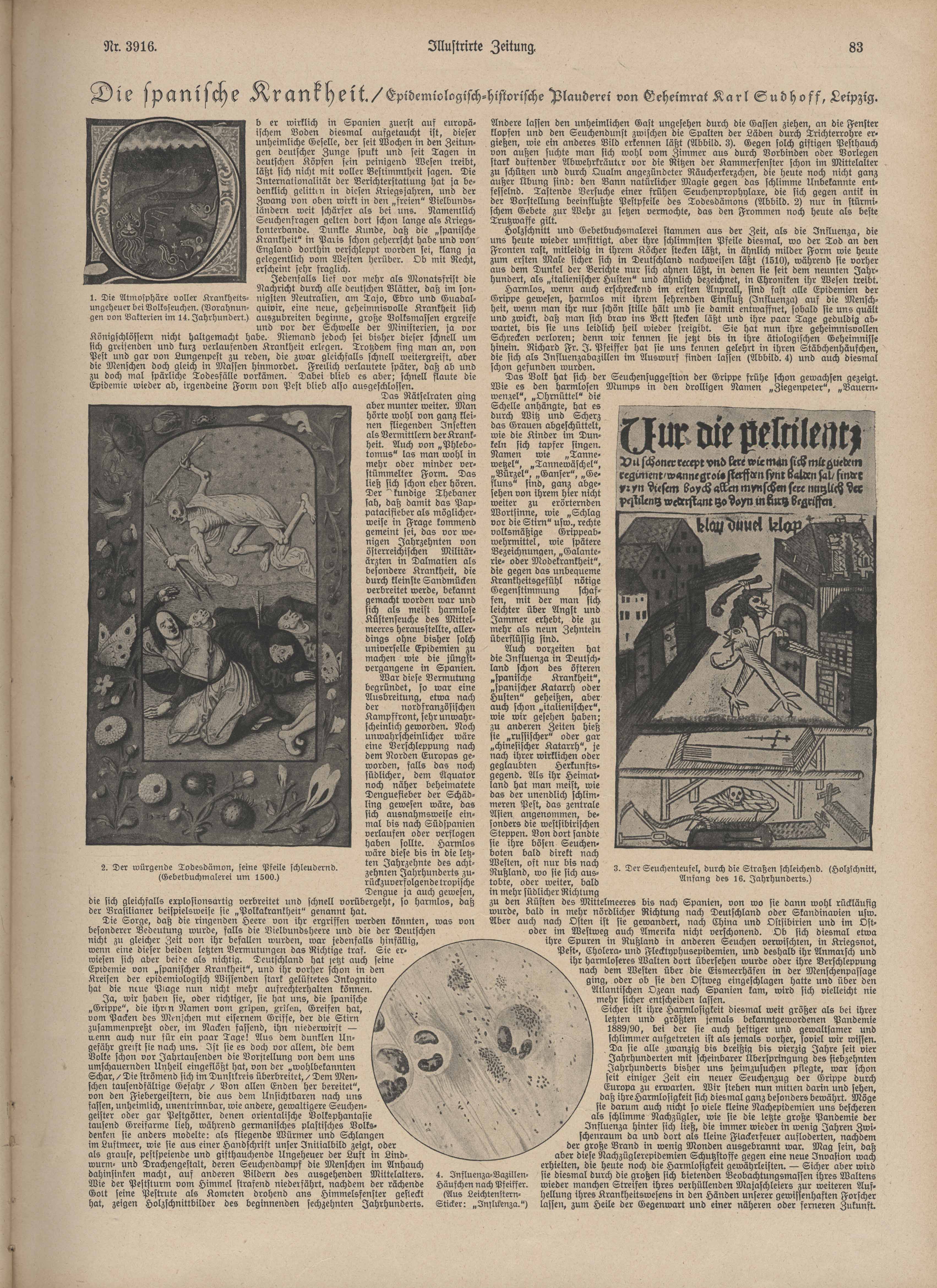 Druckgut: "Die spanische Krankheit", Artikel von Karl Sudhoff in der Illustrirten Zeitung, 18. Juli 1918