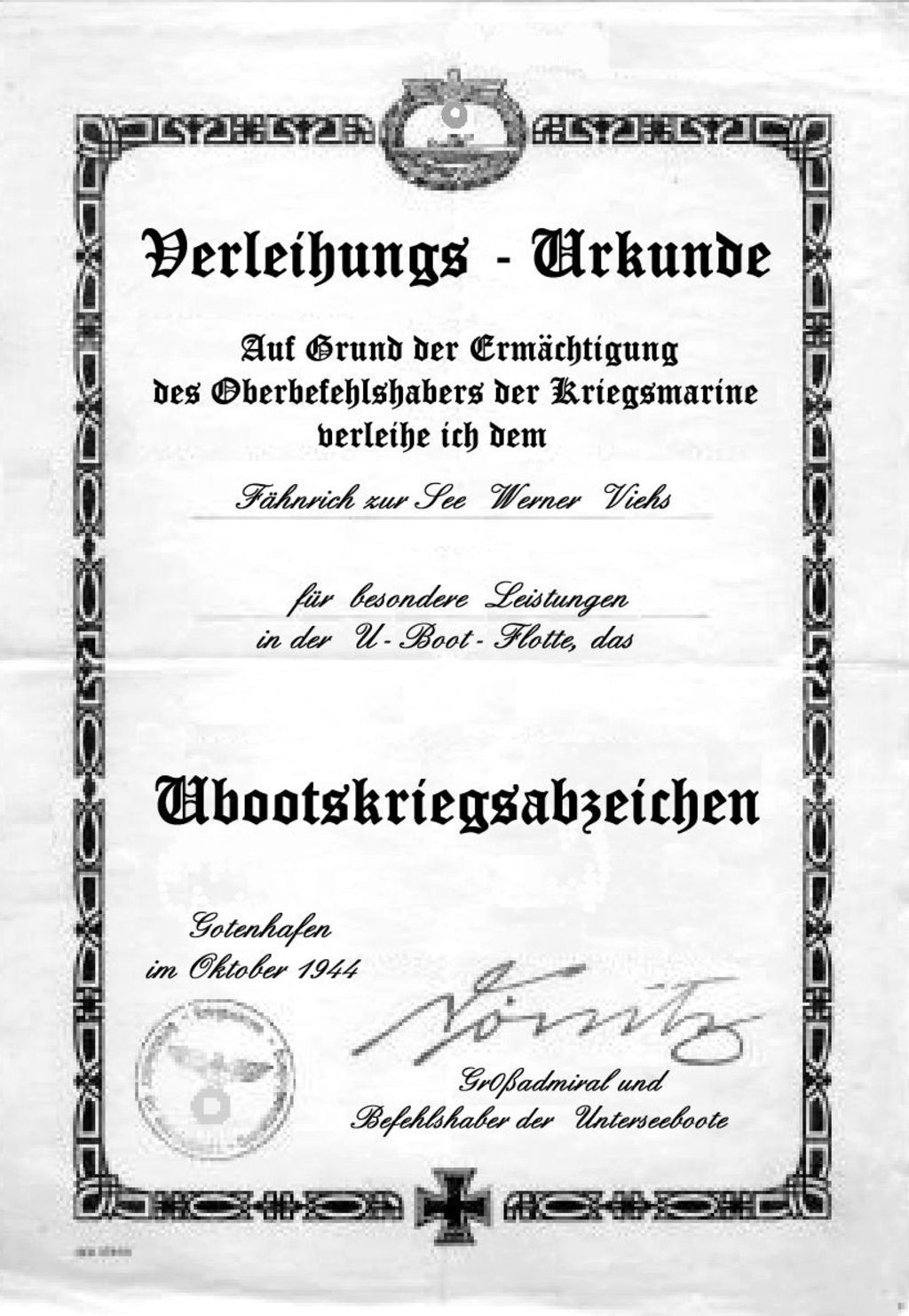 Exponat: okument: Urkunde zum Ubootskriegsabzeichen, 1944