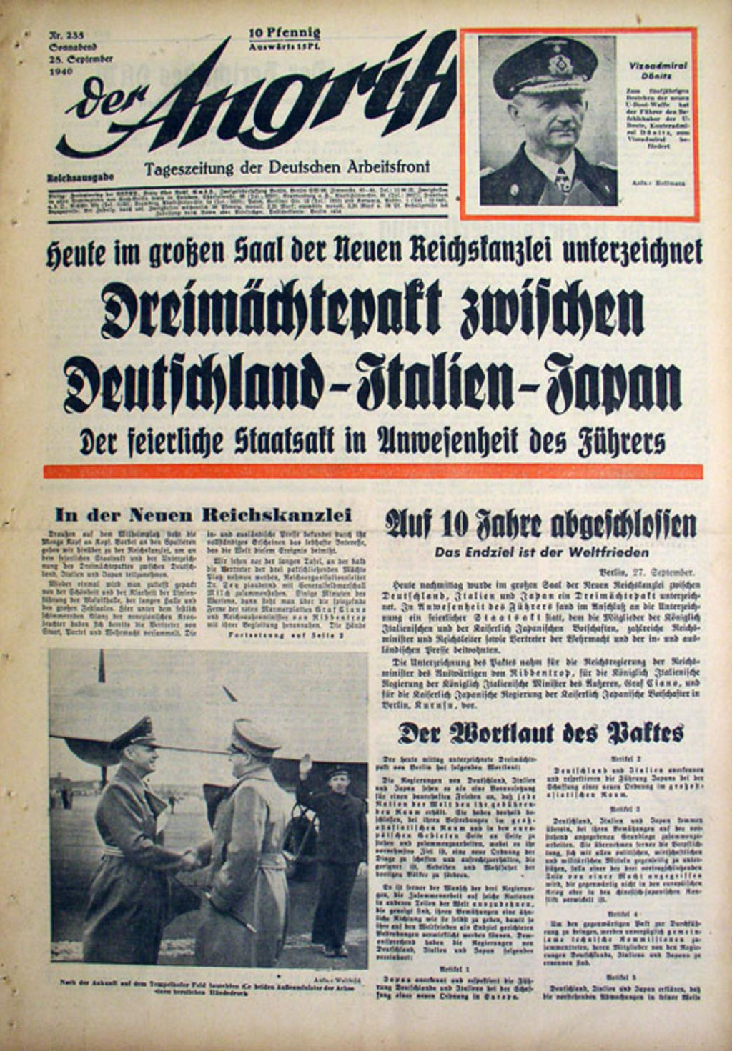 Exponat: Zeitung: "Der Angriff" zur Unterzeichnung des "Dreimächtepaktes", 1940