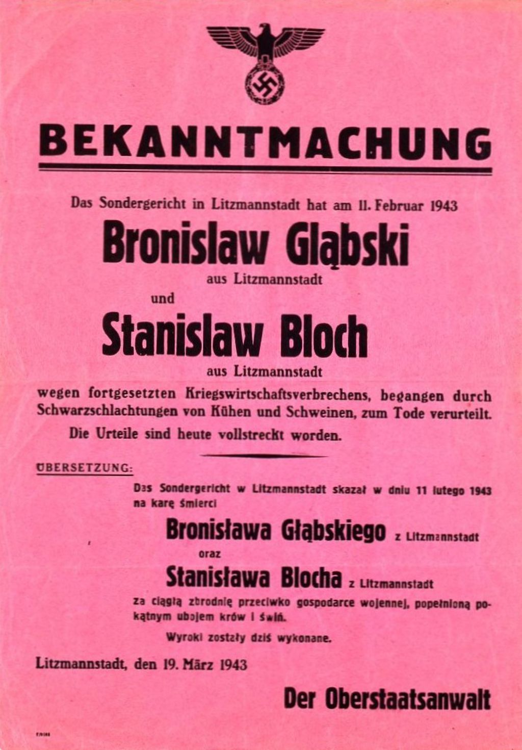 Plakat: Bekanntmachung eines Todesurteils wegen Schwarzschlachtungen, 1943