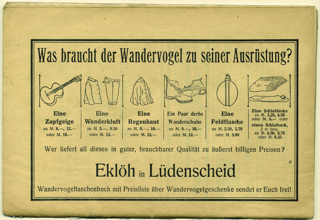 Anzeige "Was braucht der Wandervogel zu seiner Ausrüstung?", 1913