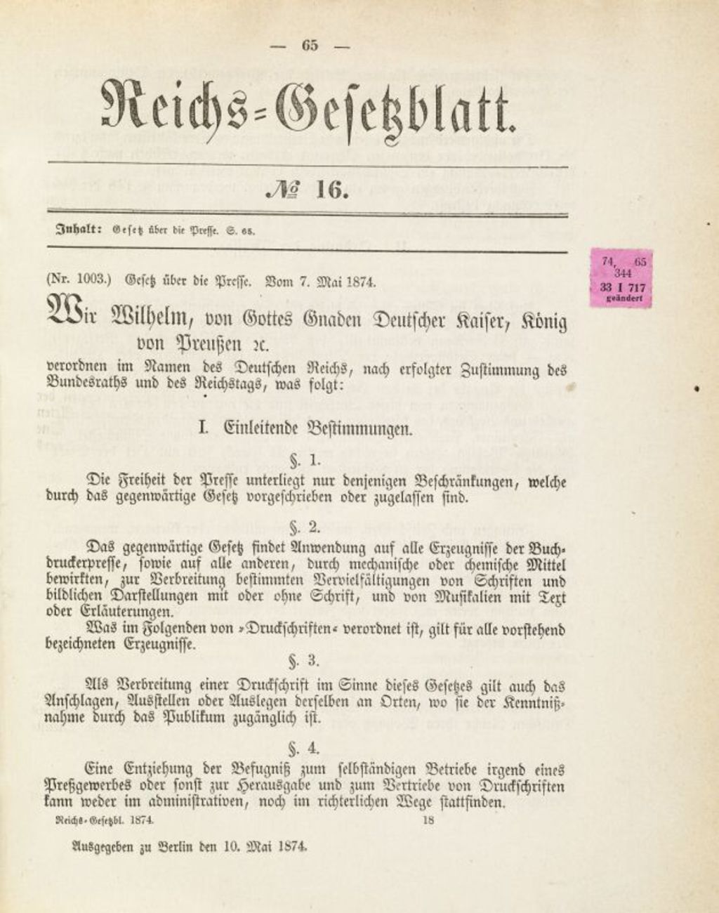 Dokument: Gesetz über die Pressefreiheit, 1874