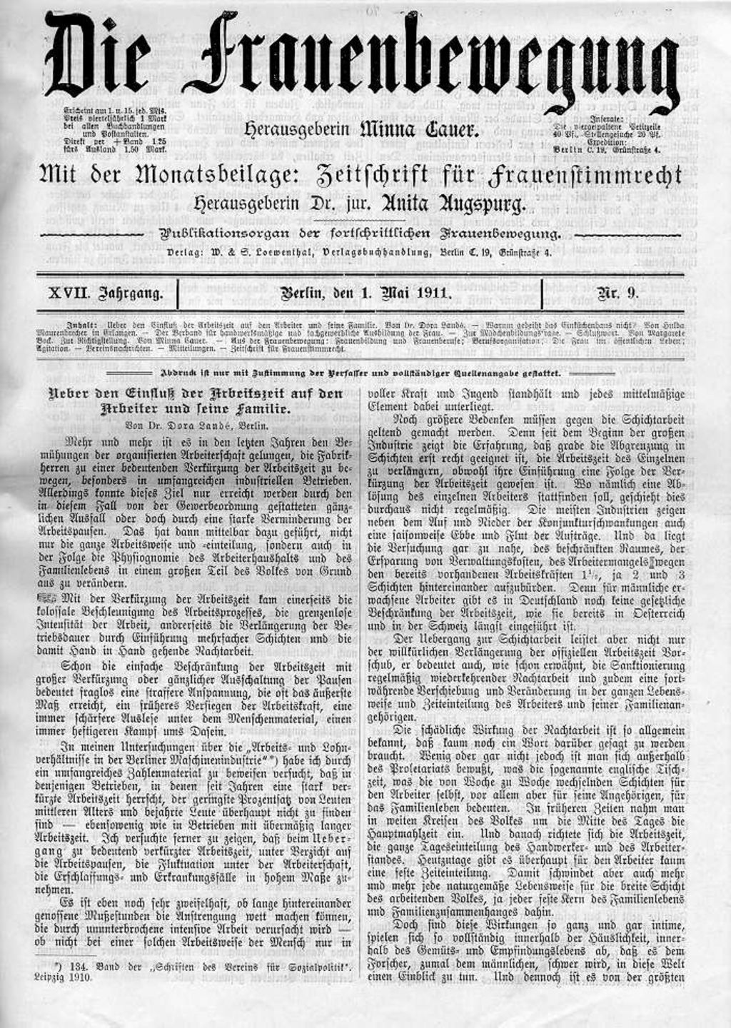 Zeitschrift: "Die Frauenbewegung", 1911