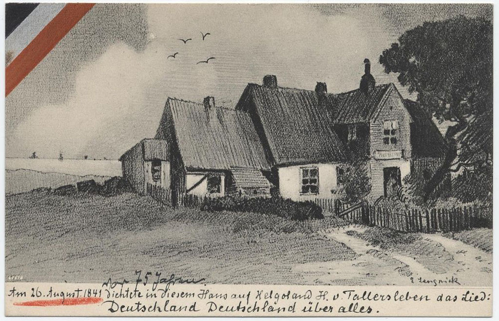 Postkarte: Haus auf Helgoland, in dem Hoffmann von Fallersleben das Deutschlandlied dichtete, 1914/18