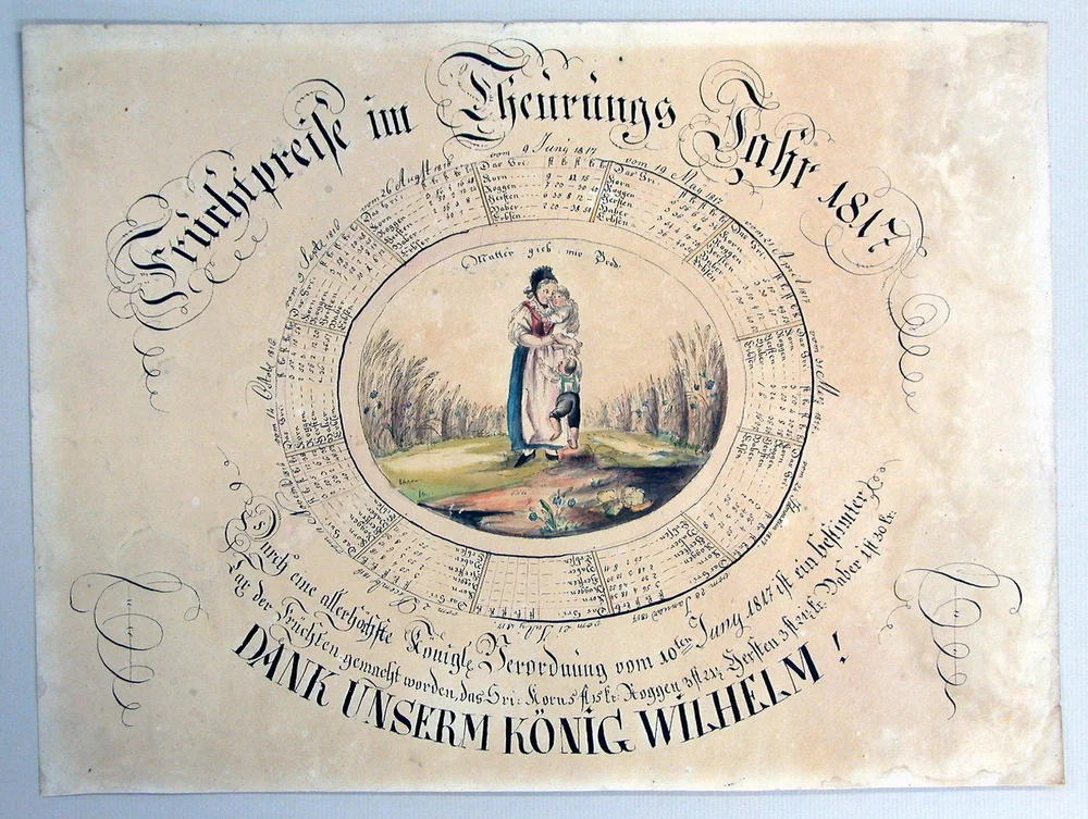 Table setting out grain prices for the 1816/1817 marketing year in the Kingdom of Württemberg, with an allegorical hand-drawn illustration