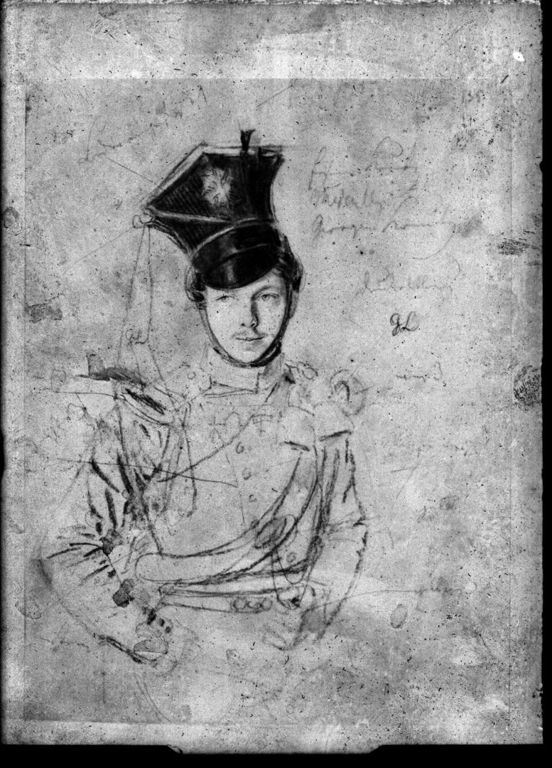 Das Bild zeigt das Glasnegativ des der Halbfigur eines preußischen Ulanenoffiziers, gezeichnet von Franz Krüger