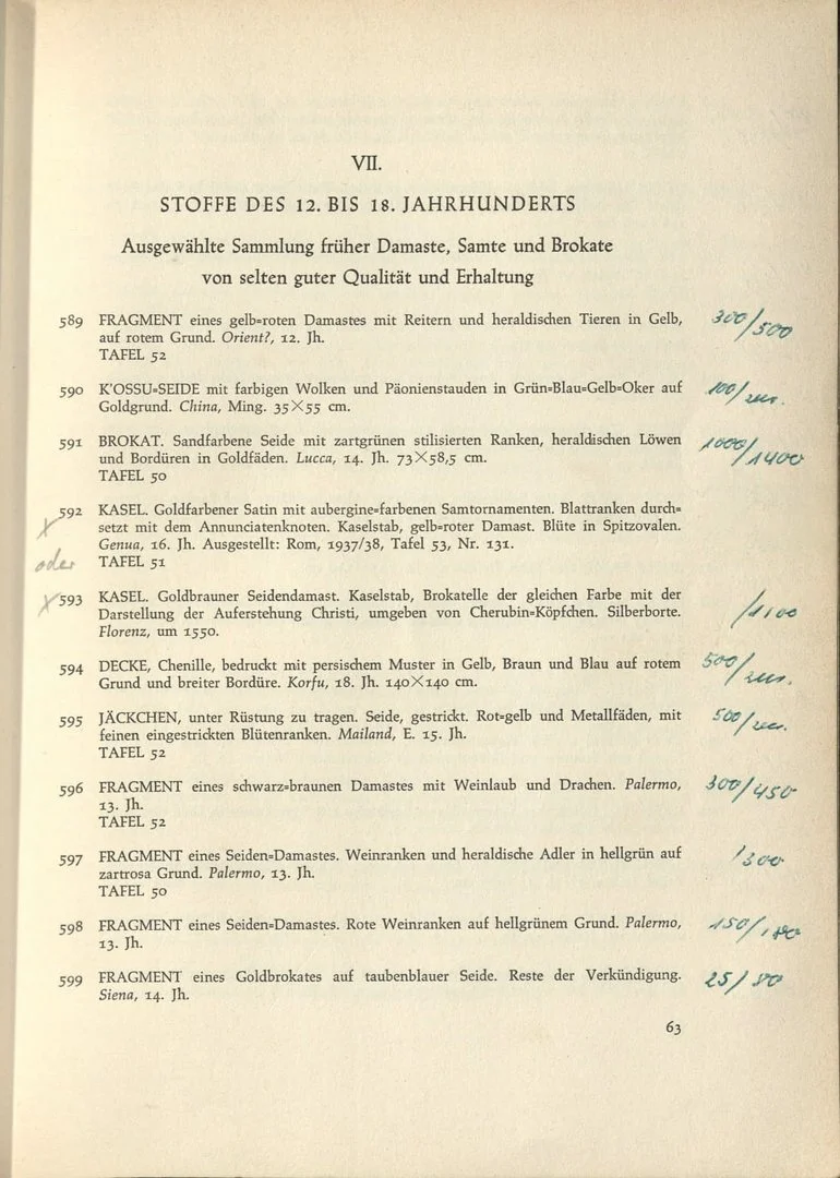 Fig. 7 Entry for the chasuble in the catalogue for the 448th auction at Math. Lempertz in Cologne in 1957, lot number 592. Photo: DHM.
