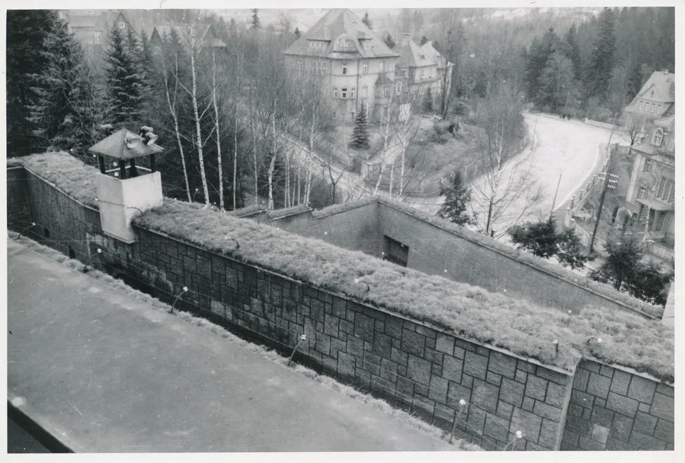 The photograph shows how the greenery became part of the reconstructed prison walls in the garden of the Památník nacistického barbarství