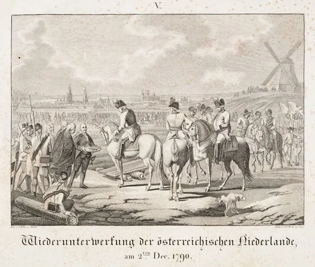 Johann Michael Voltz, Die Wiederunterwerfung der österreichischen Niederlande. Der Kupferstich ist Teil der Publikation „Geschichten der Jahre 1789-1792“, Nürnberg, um 1820