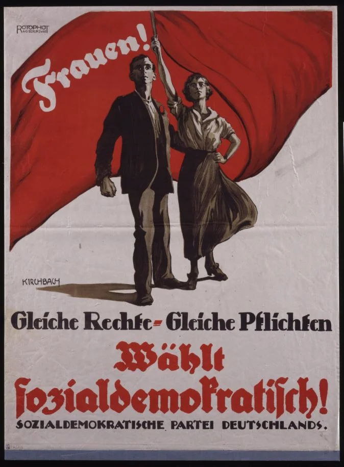 Plakat der Sozialdemokratischen Partei Deutschlands (SPD) zur Wahl der verfassungsgebenden Nationalversammlung, mit dem Appell an die Frauen, die SPD zu wählen, die die Gleichberechtigung der Frauen erkämpft hat, Berlin, 1919 © DHM Plakat der Sozialdemokratischen Partei Deutschlands (SPD) zur Wahl der verfassungsgebenden Nationalversammlung, mit dem Appell an die Frauen, die SPD zu wählen, die die Gleichberechtigung der Frauen erkämpft hat