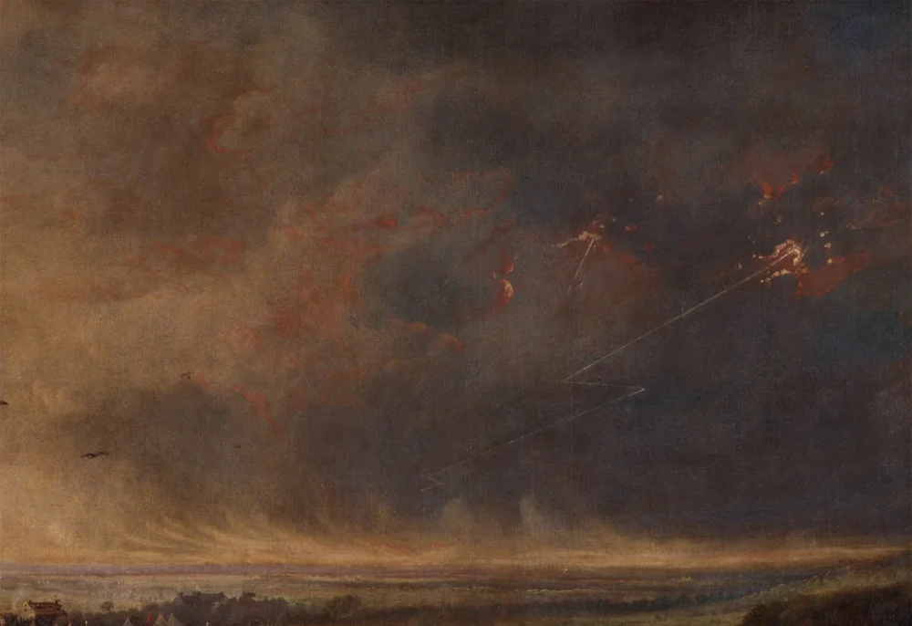 Das Bild zeigt ein Gemälde mit einem dramatischen Sturmhimmel in Goldbraun- und Anthrazittönen.