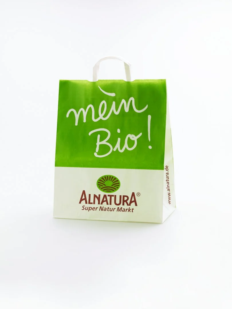 white-green Tote bag cardboard carrier bag "My Organic" from the organic supermarket chain "Alnatura"