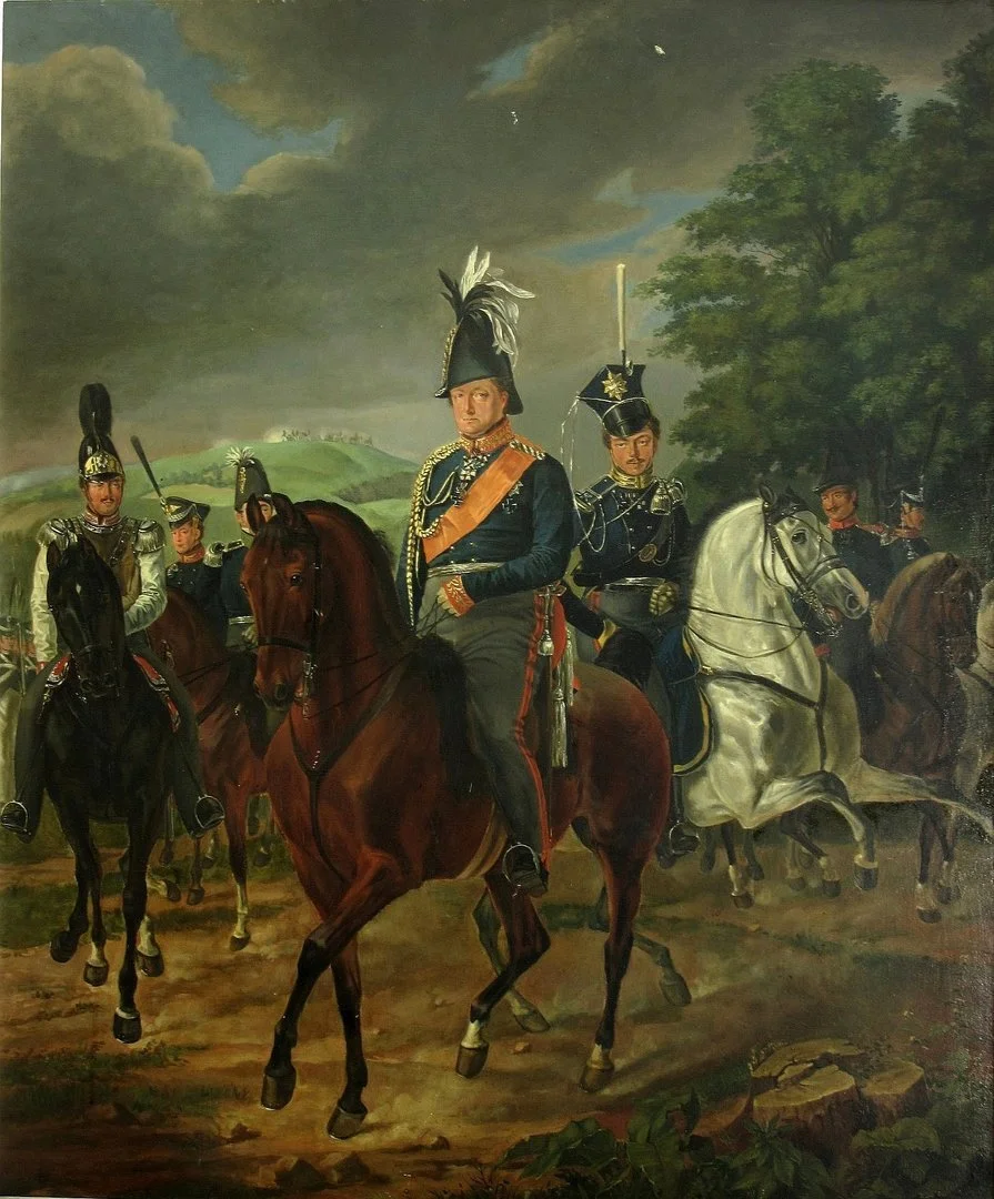 Equestrian portrait of General August Graf Neidhardt von Gneisenau in uniform and wearing a striking feathered hat