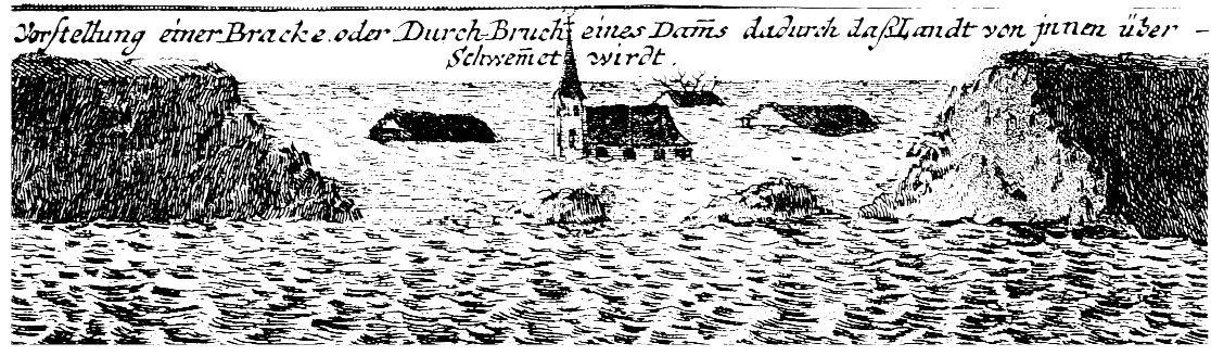 Detail from: Flood in Low Germany in 1717, copperplate engraving, coloured, published by Johann Baptist Homann, Nuremberg, around 1720, Berlin