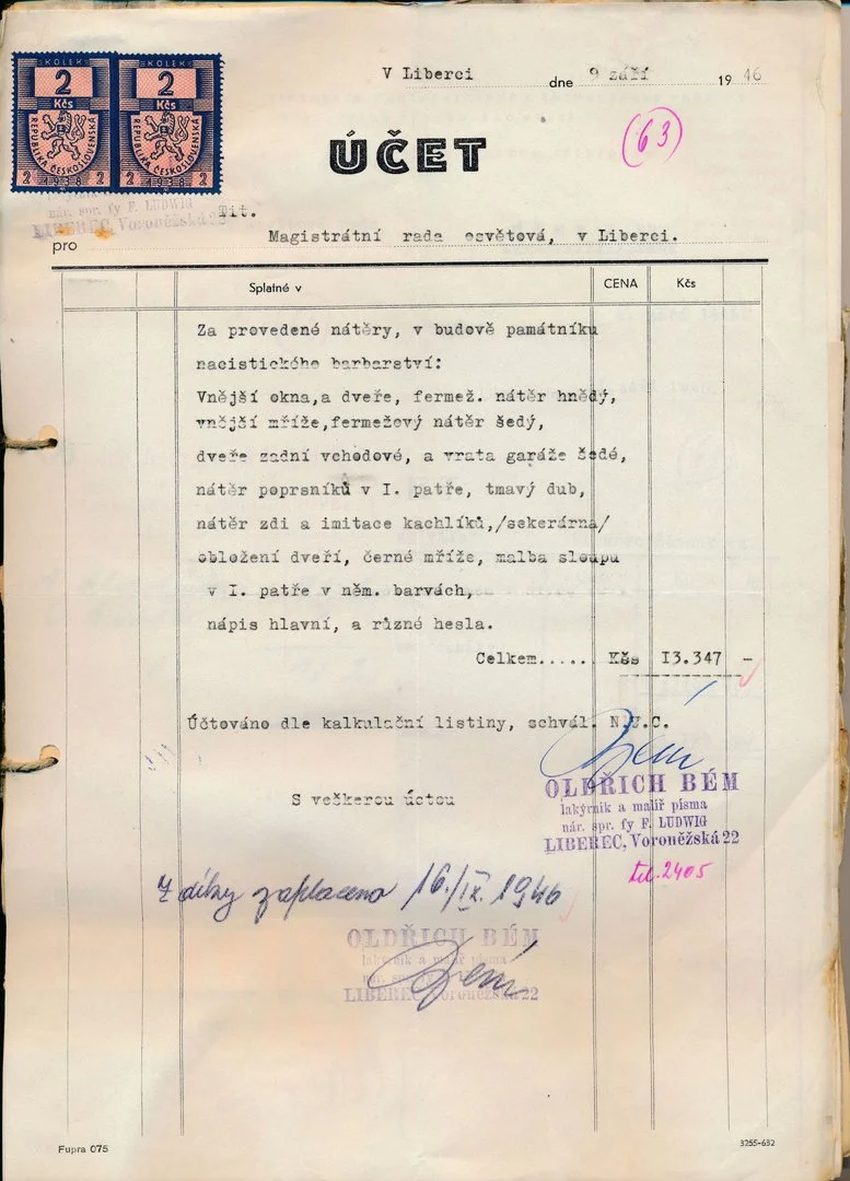 Invoice for painting work carried out in 1946 at the Památník nacistického barbarství (Memorial to Nazi Barbarism) in Liberec