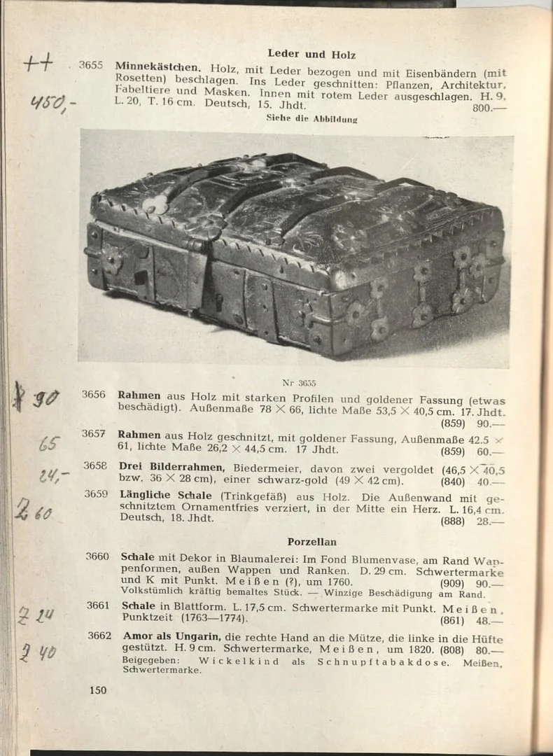 Fig. 3 Entry for the Gothic box, referred to here as a ‘Minnekästchen’, in the catalogue for the 26th auction held by Gerd Rosen in 1956, lot number 3655. Photo: DHM.