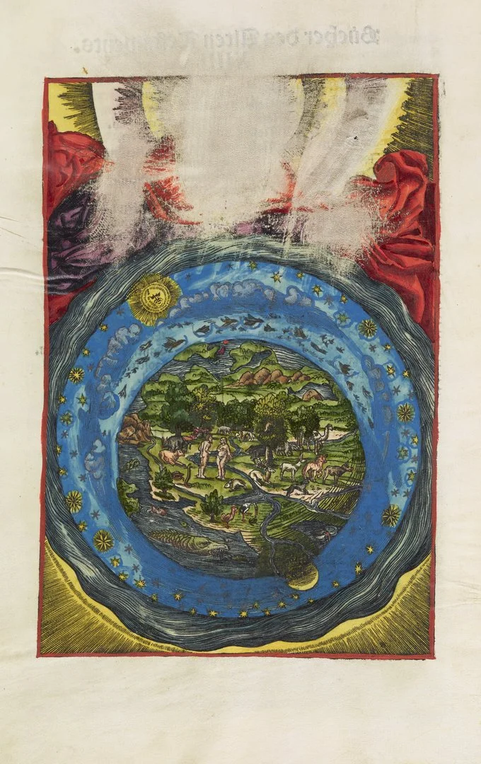 Kolorierte Darstellung der Schöpfung und des Paradises mit ausradiertem Gottesbild
