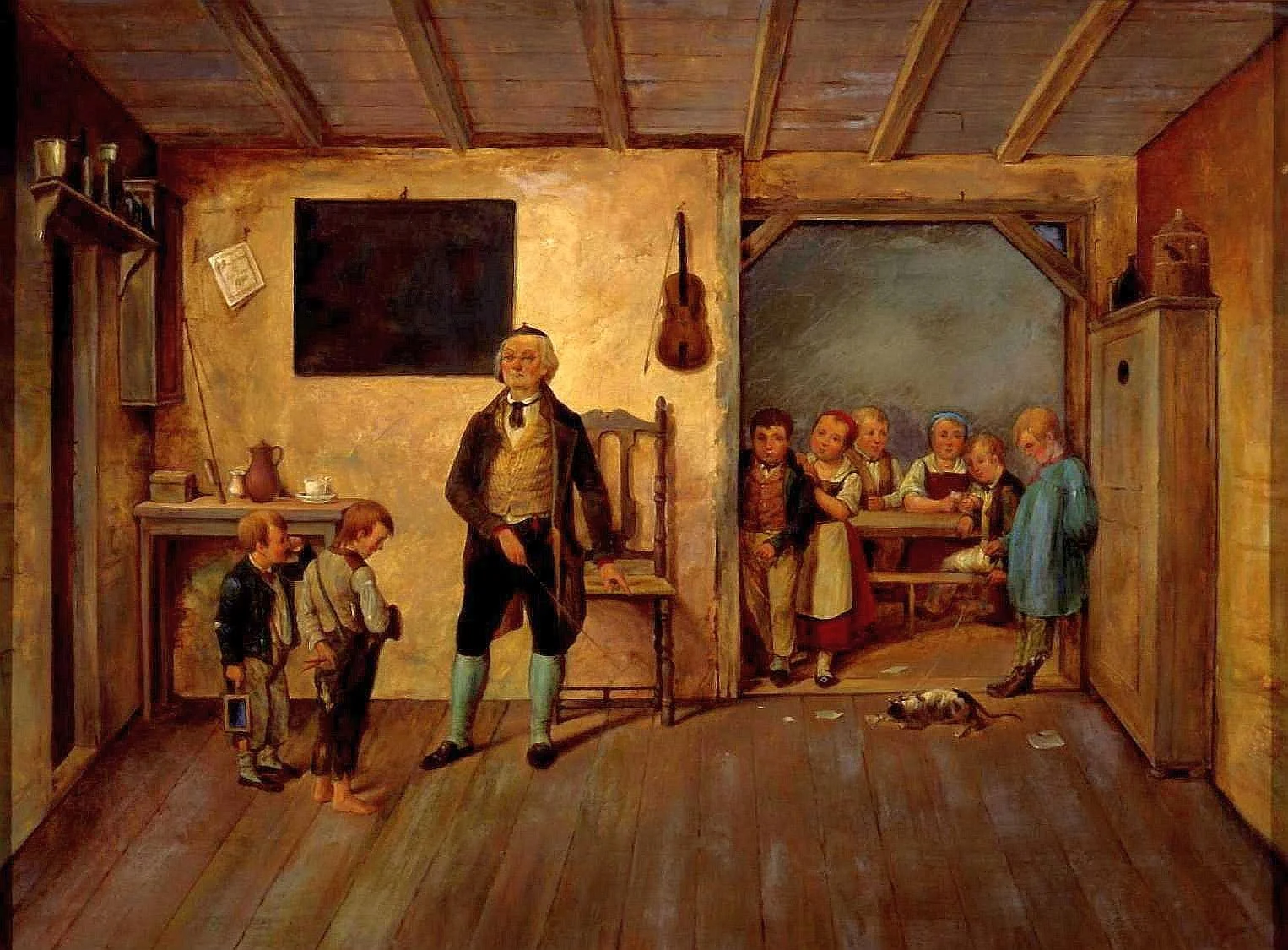 Scene in a village school. The schoolmaster, 1840 © DHM A teacher is teaching at a village school. Eight children can be seen.