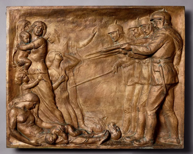 Foto des Reliefs von Frans Huygelen „Zur Erinnerung an Dinant“, um 1927, Bronz