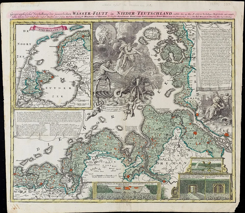 Homann’s map from the DHM collection is one of the first that precisely shows the advance of the water into the hinterland. Homann later published the map in an atlas, which increased its fame. Johann Baptist Homann: Grosser Atlas Uber die Gantze Welt …, Nuremberg: Homann, 1726 (Berlin, DHM, Bibliothek, B 52/3476, Nr. 228)